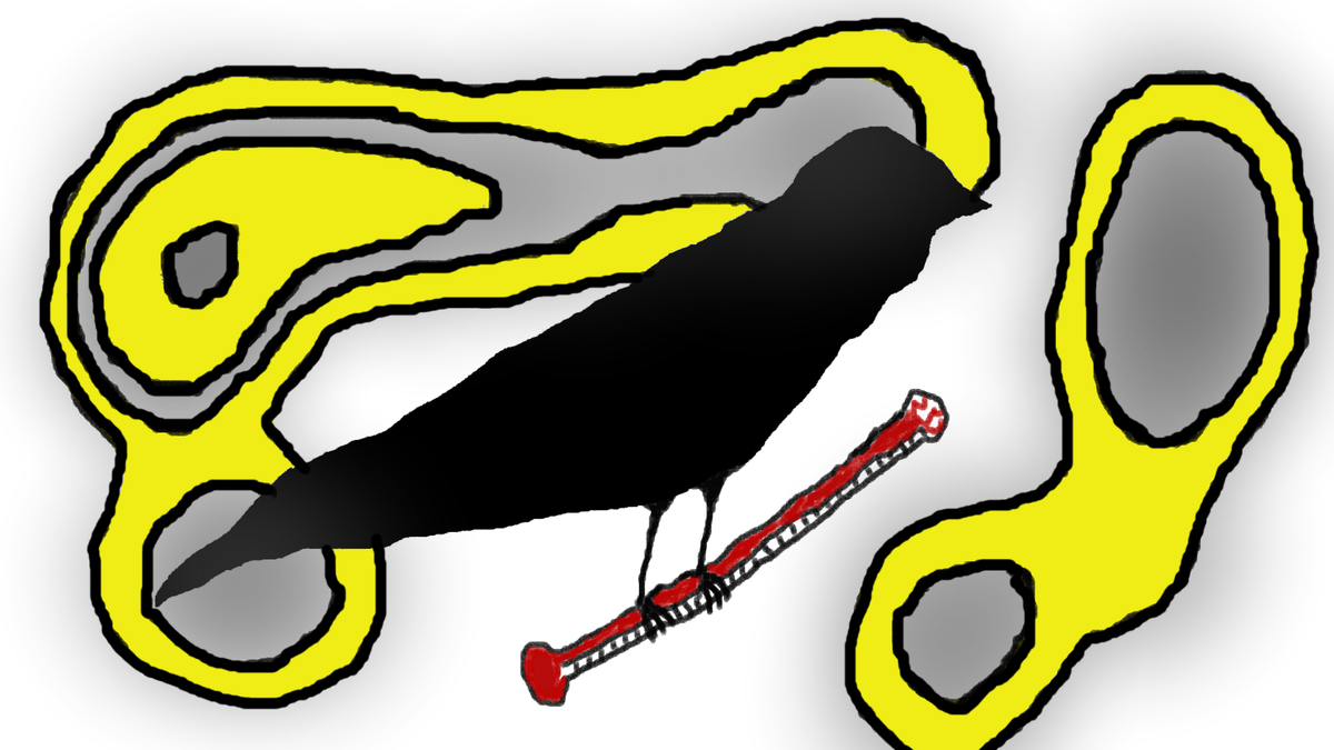 Drawing of a black silhouette of a bird perched on a thermometer. Behind, abstract yellow shapes on a charcoal-smudged white background.
