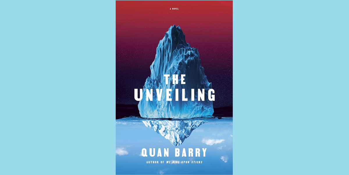 Cover of The Unveiling on a light blue background. The jacket features an upside-down iceberg, the submerged part against a deep red gradient, the tip emerging into blue sky underneath.