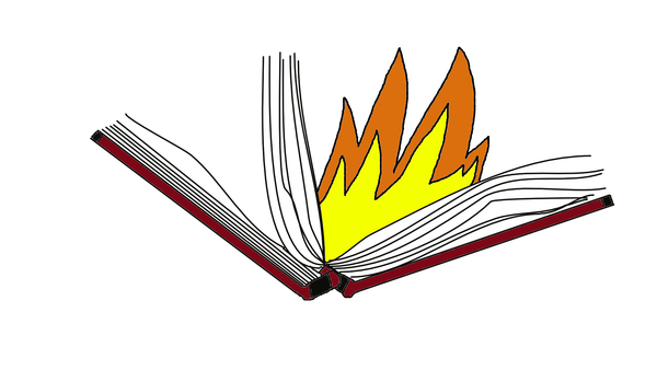 Cartoon image of two hockey sticks doubling as the spine and covers of a book, as flames rise from its fluttering pages
